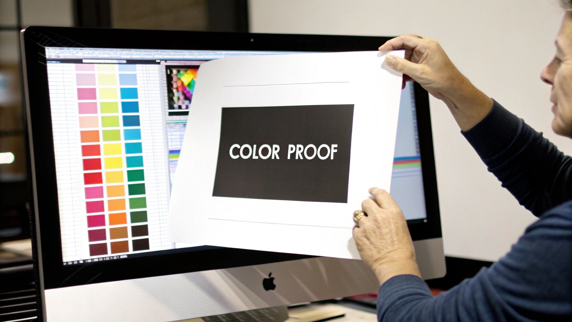A person compares a 'COLOR PROOF' printout to a digital color palette on a computer screen for print quality.