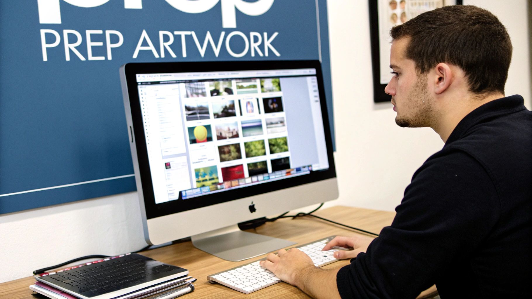 Young man working on an Apple iMac computer, typing on a keyboard, with "PREP ARTWORK" on the wall.