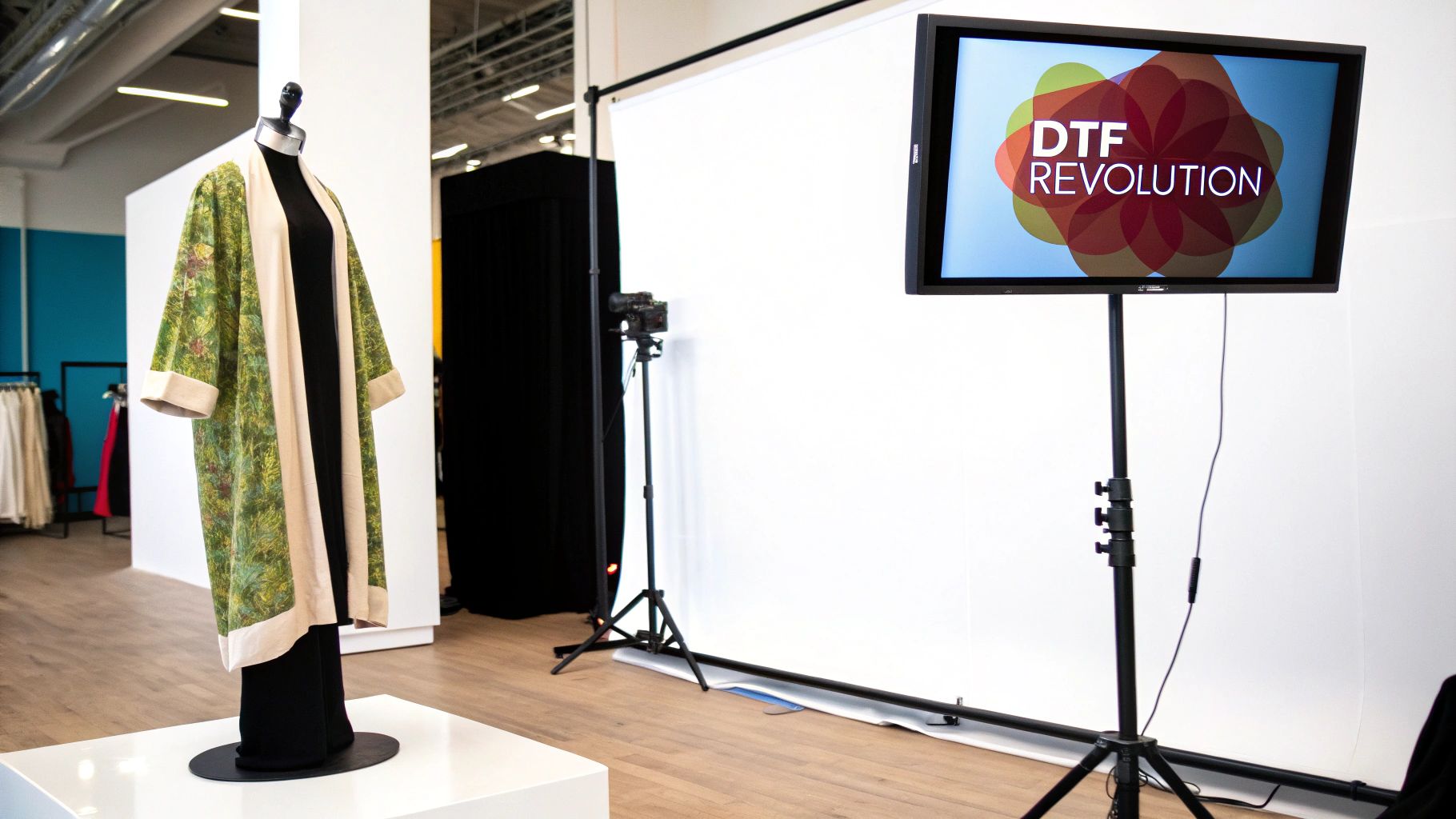 A DTF heat transfer being applied to a dark t-shirt with a heat press machine, showing a vibrant design.