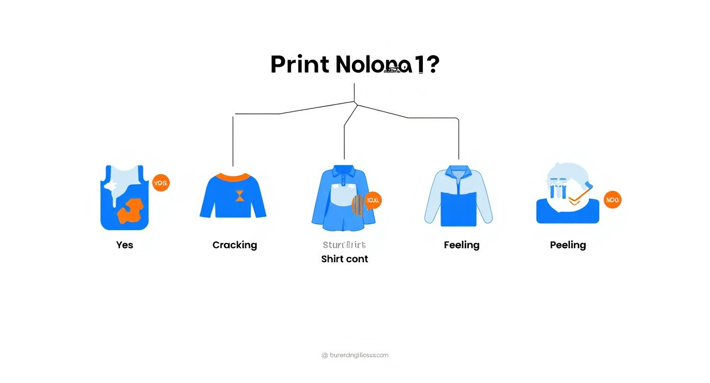 Infographic decision tree for diagnosing transfer print paper issues like cracking, fading, and peeling.