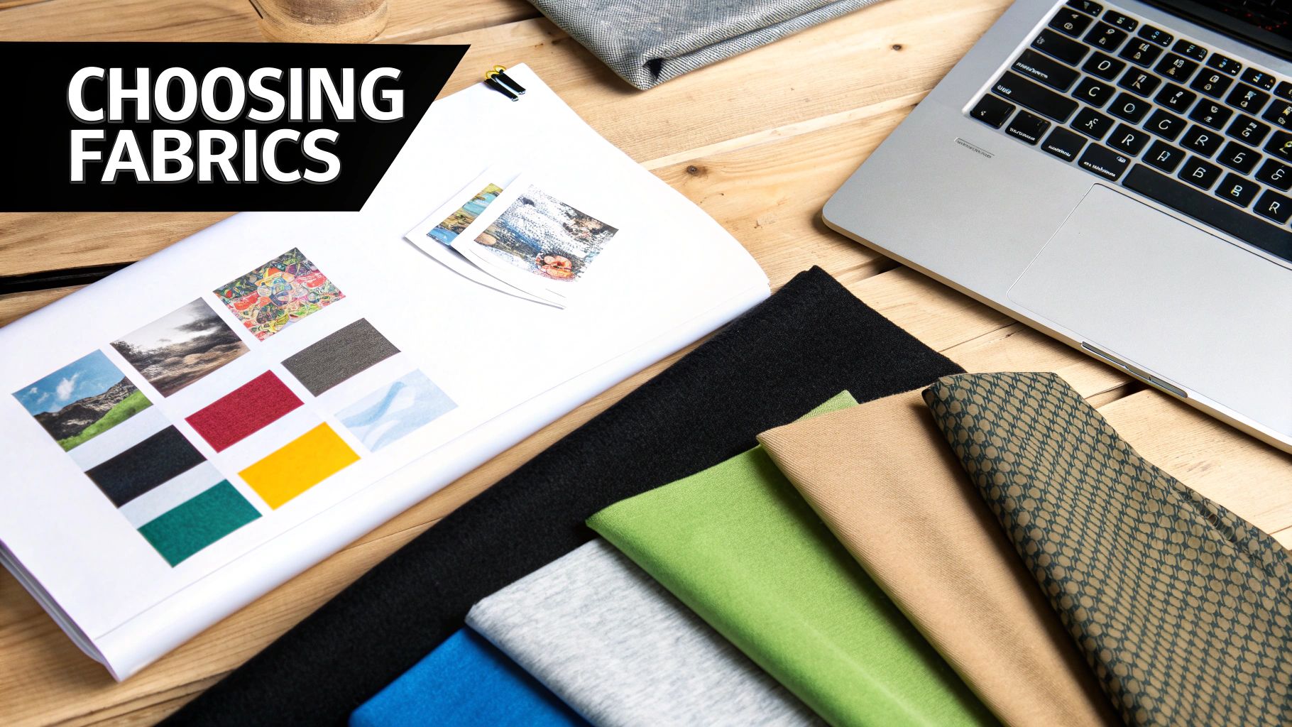 A flat lay of fabric swatches, colorful fabric samples, a laptop, and design documents on a wooden desk.