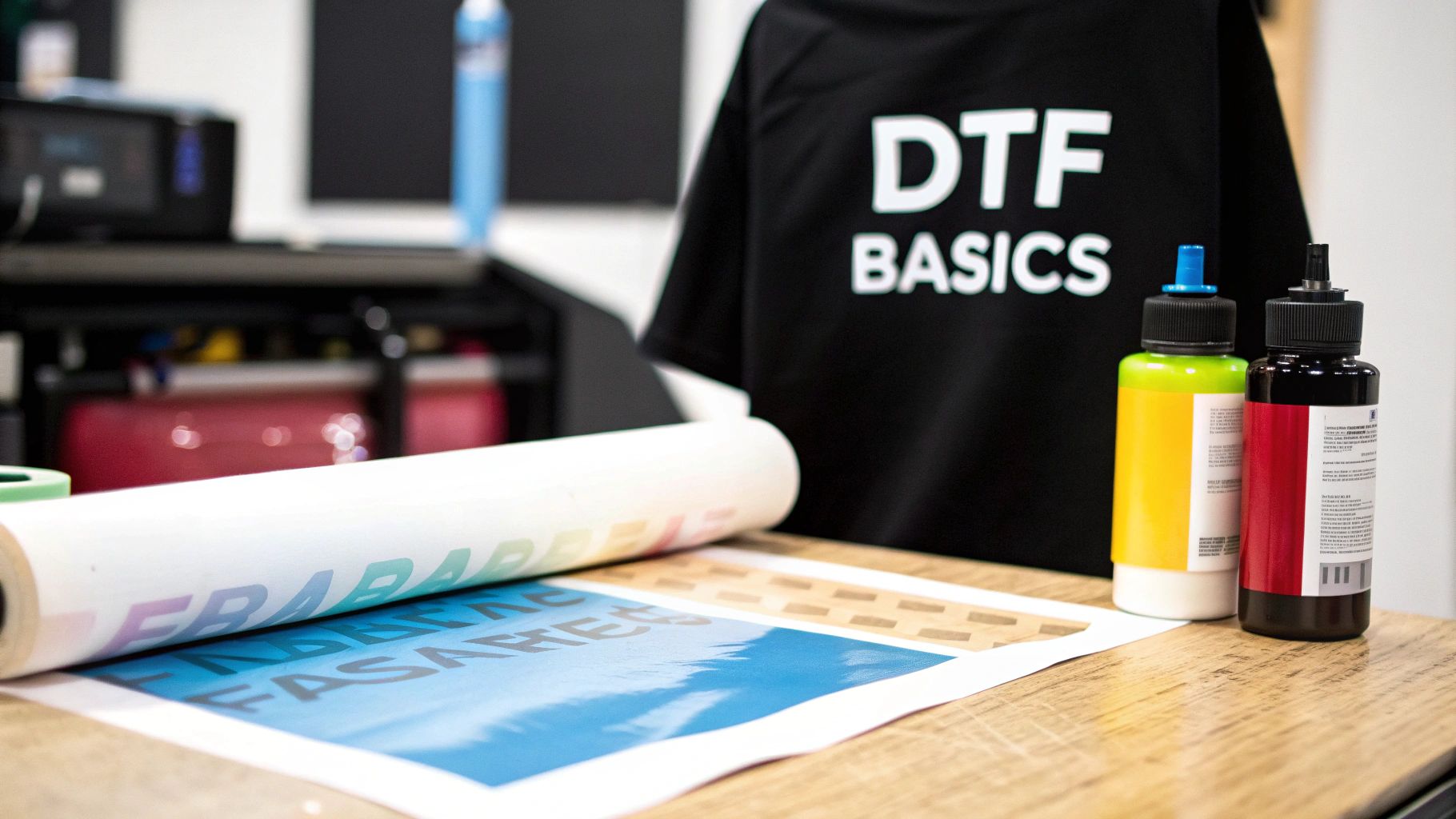 A collection of colourful heat transfer prints ready for application