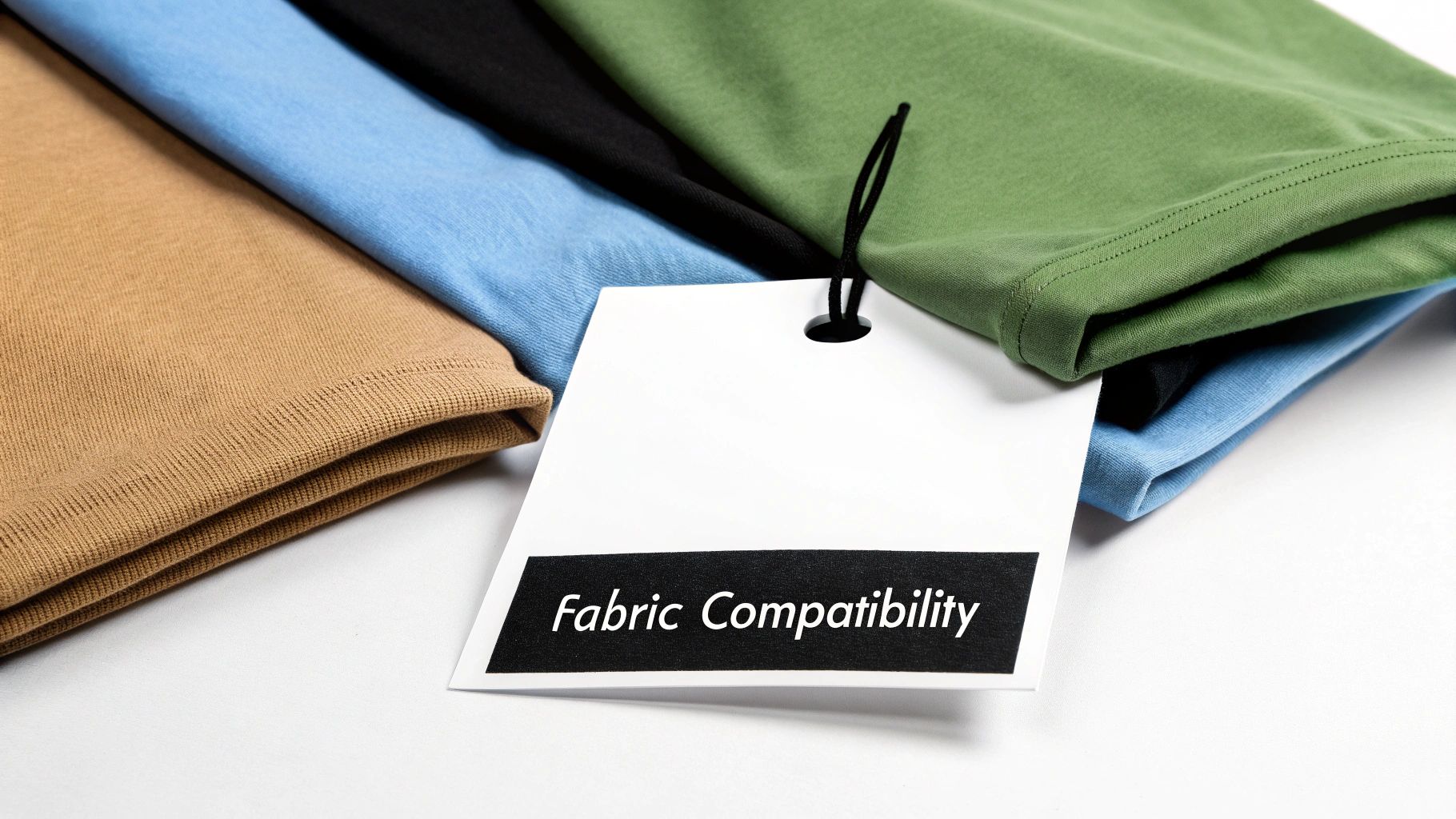 Folded fabrics in brown, light blue, black, and green, with a white 'Fabric Compatibility' tag.