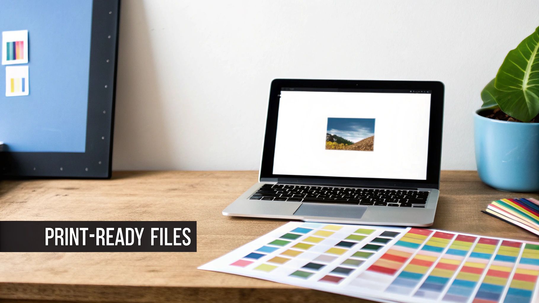 A design workspace with a laptop showing an image, color swatches, and a plant, related to print-ready files.