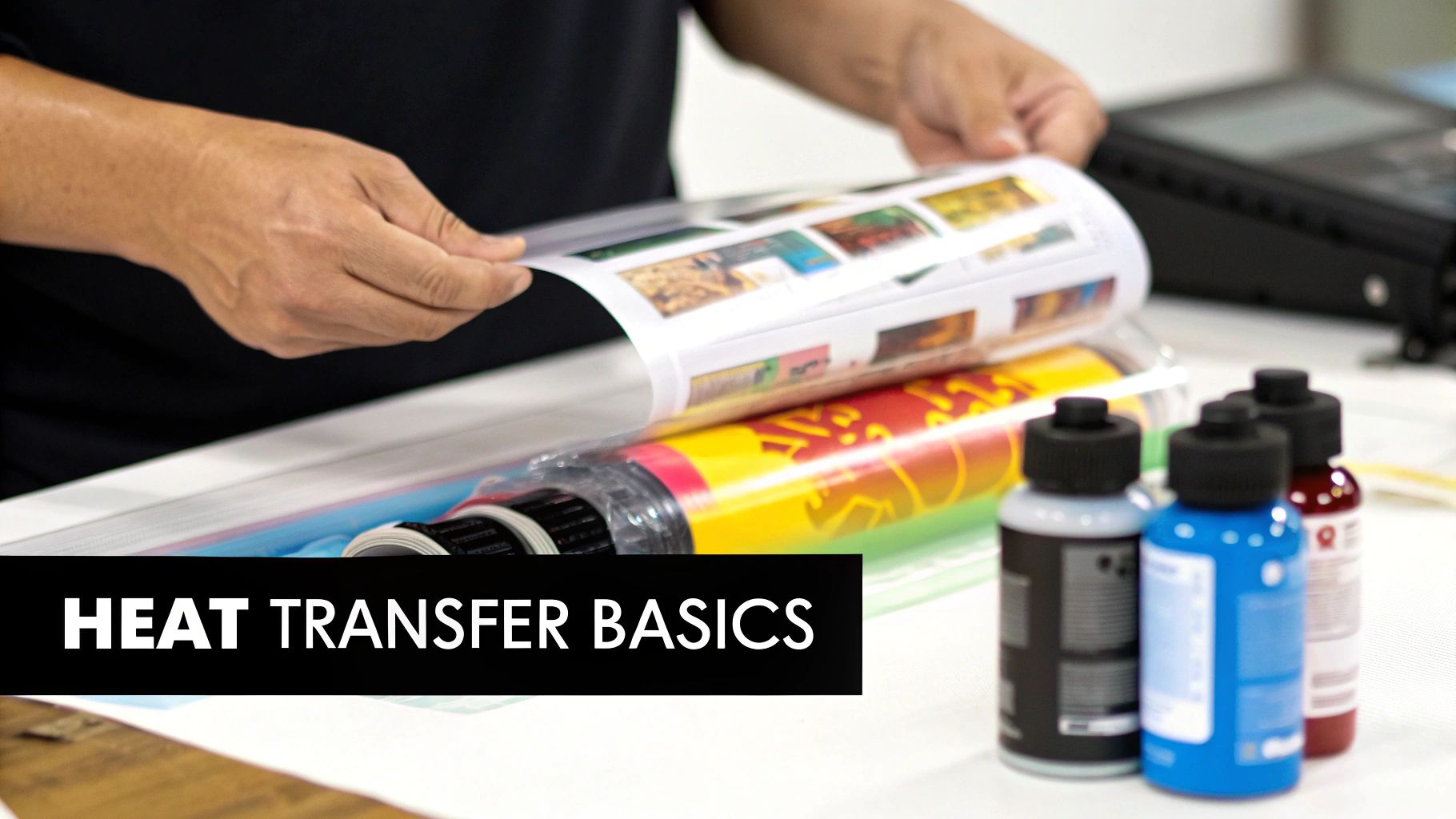 A person operating a heat press machine to apply a transfer onto a t-shirt