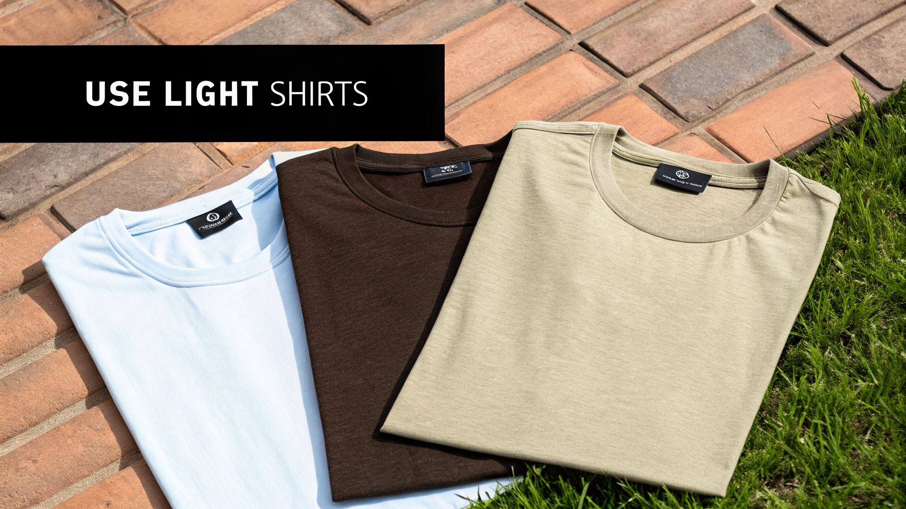 Three light-colored t-shirts (blue, brown, beige) displayed on brick and grass, advising to 'USE LIGHT SHIRTS'.