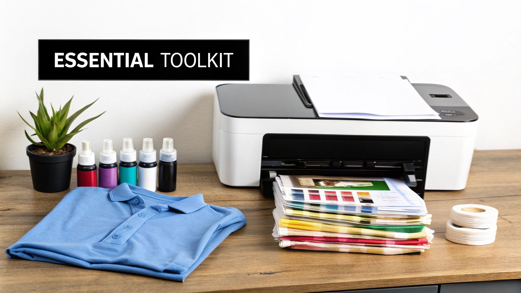 A collection of dye sublimation equipment including a heat press, sublimation paper, and inks arranged neatly.