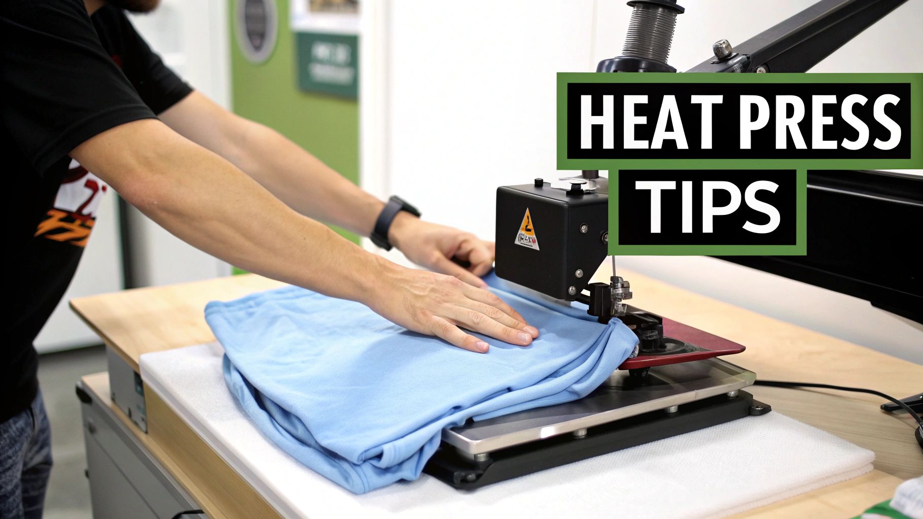 Hands placing a light blue garment on a heat press machine with 'HEAT PRESS TIPS' overlay.
