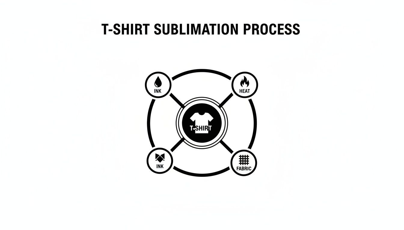 Black and white diagram showing the T-shirt sublimation printing process with key components: ink, heat, and fabric.