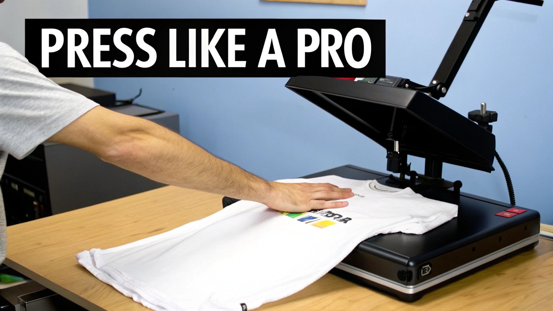 Person placing a white t-shirt with a colorful design on a black heat press machine.