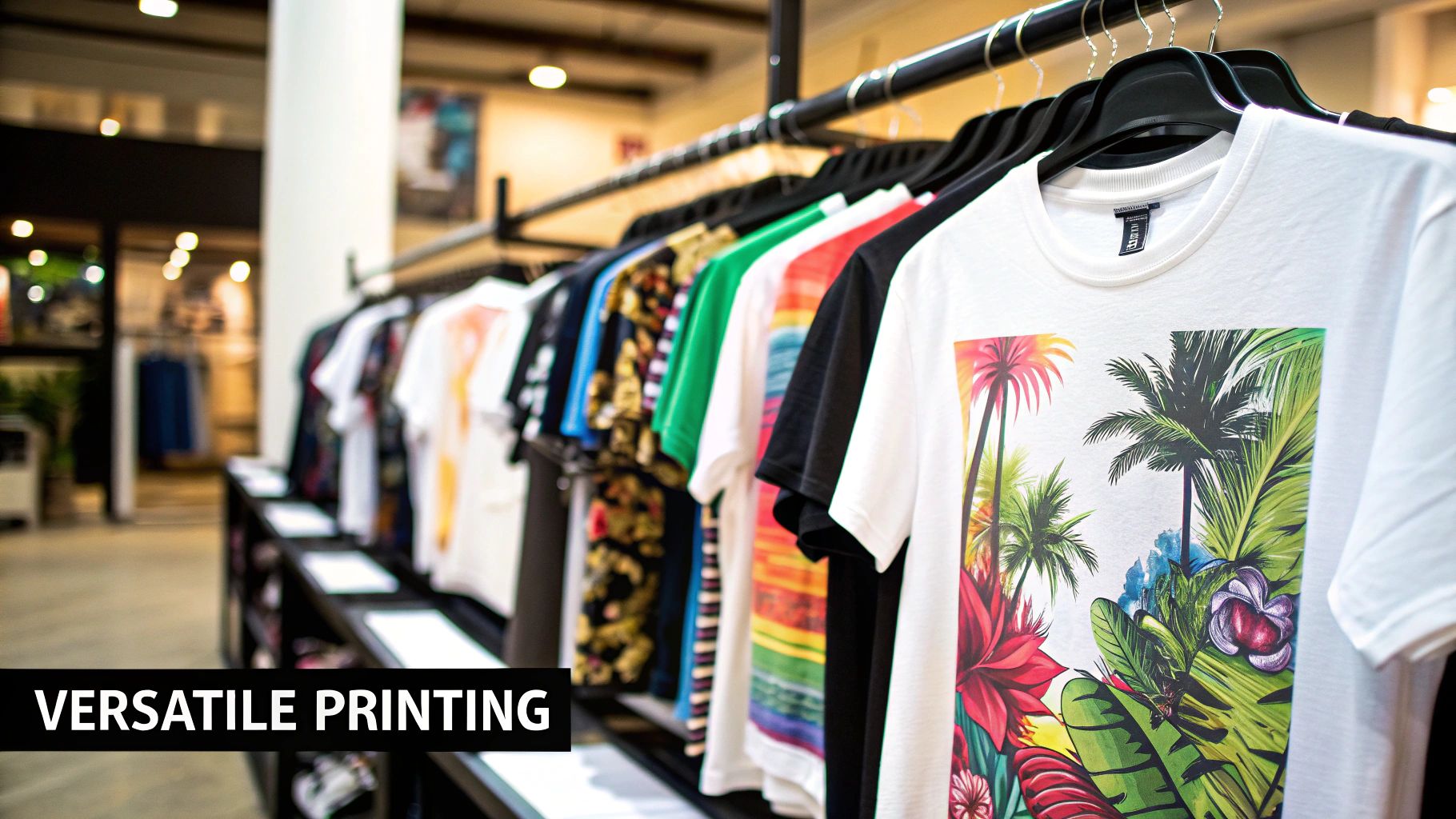 A collection of colourful t-shirts printed with detailed DTF designs, showing versatility.