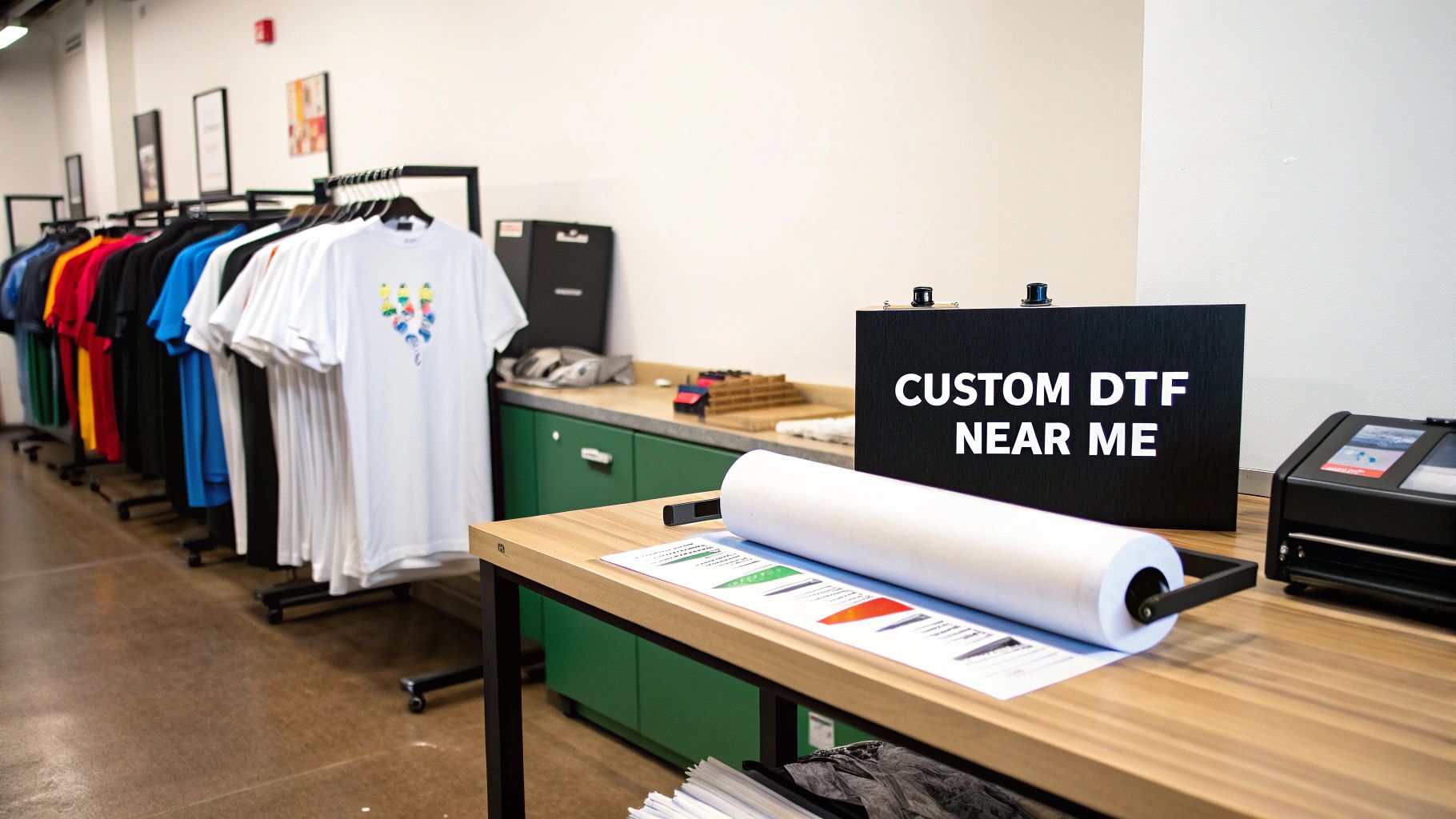 A custom DTF printing shop featuring racks of colorful t-shirts, a work counter, and signage.