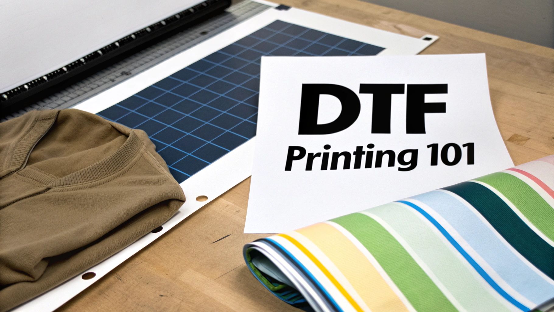 A vibrant DTF transfer sheet being printed with a detailed design