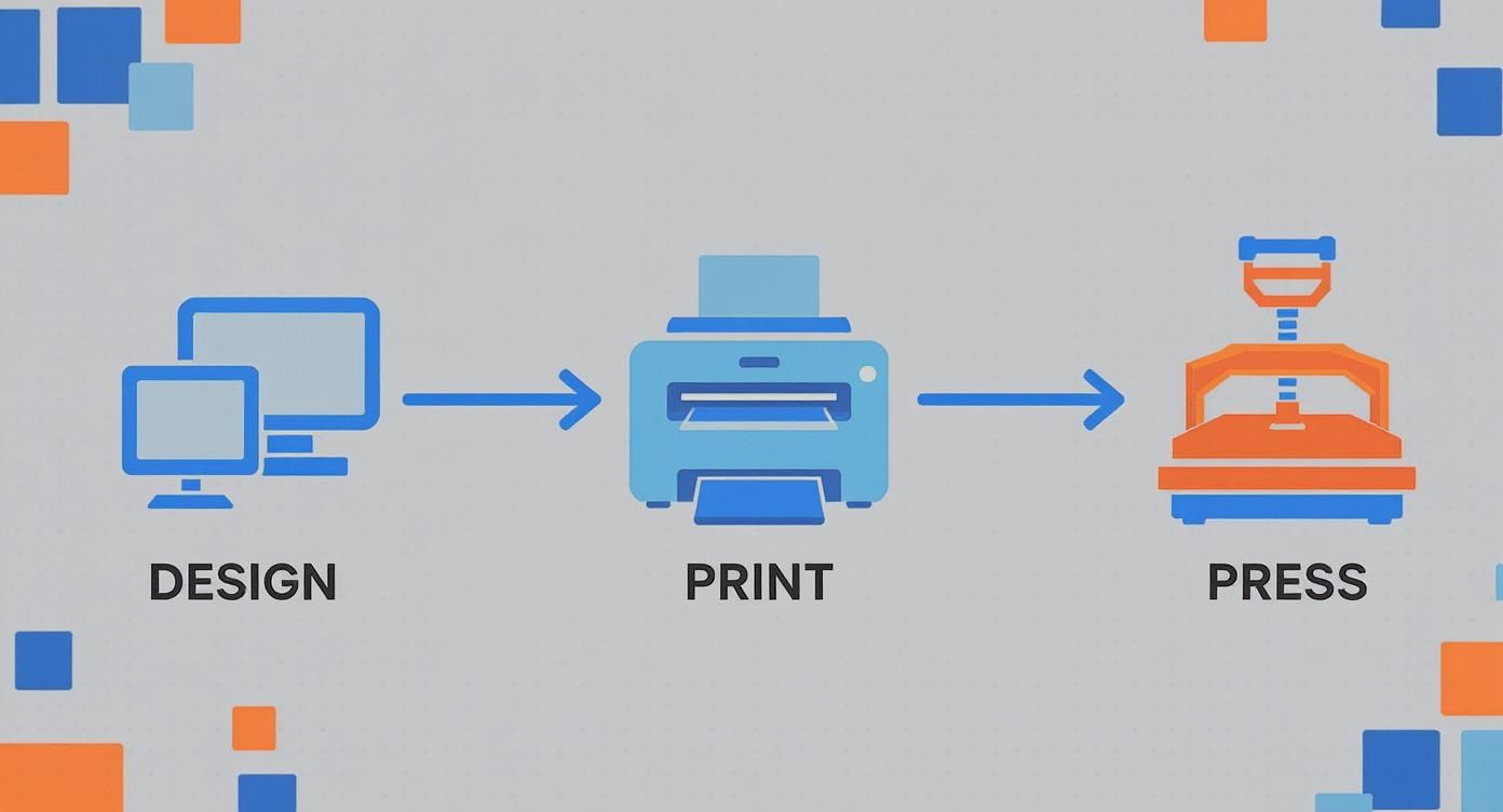 Graphic depicting the design, print, and press process for custom items, using computers, a printer, and a heat press.