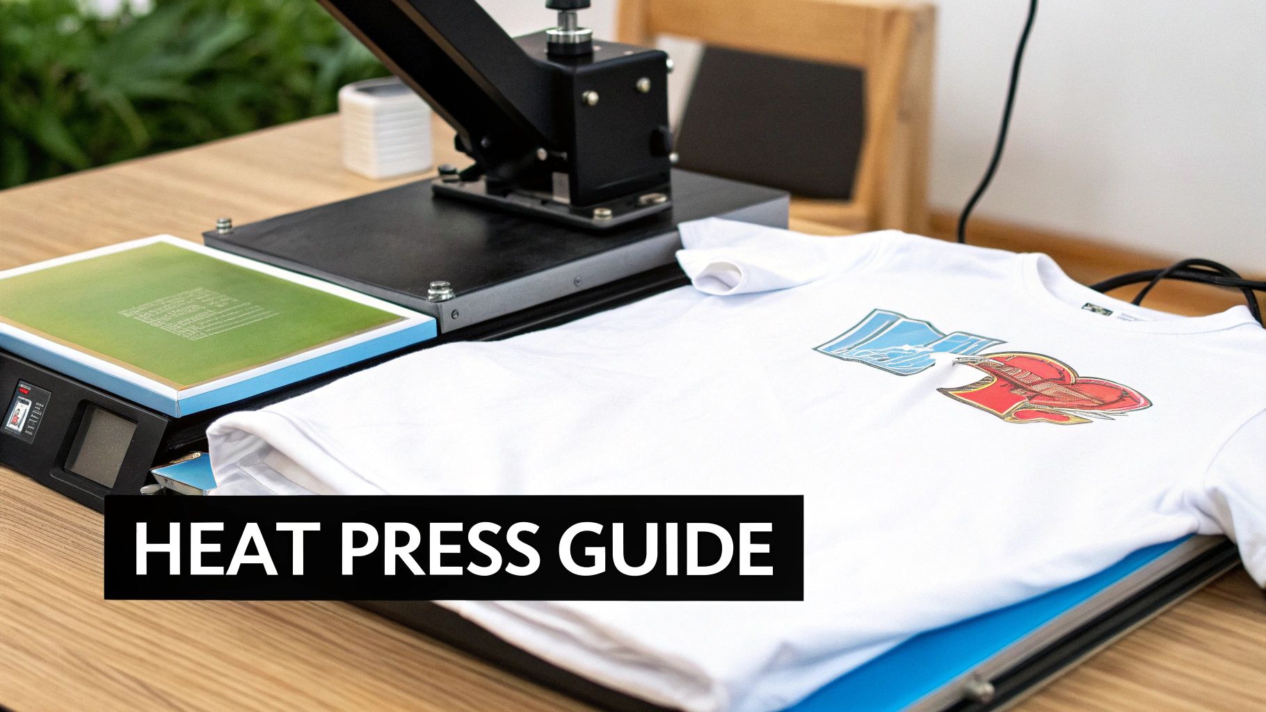 A heat press machine with a white t-shirt featuring a colorful design being prepared for printing.