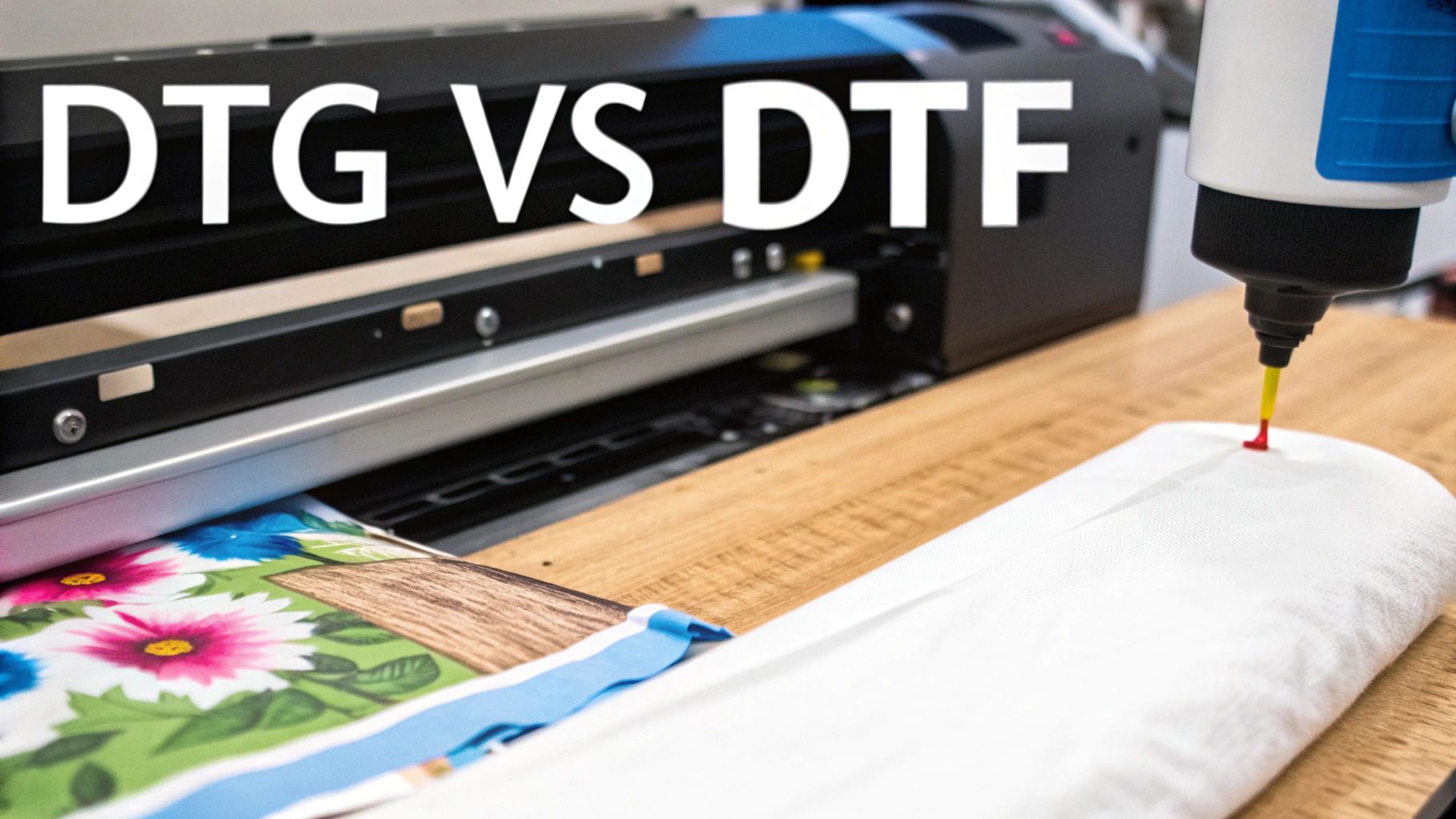 A digital t-shirt printer in action, showing a detailed, colourful design being applied to a dark garment.