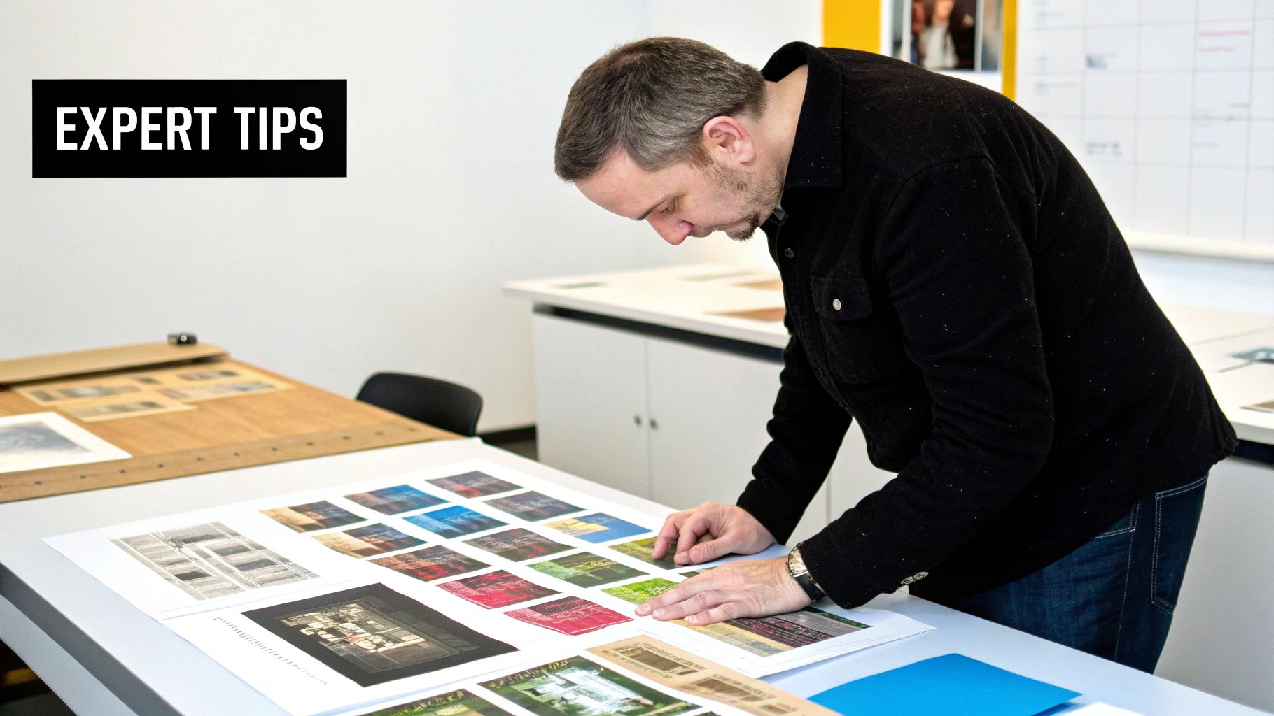 A person pointing to a colourful DTF transfer sheet with various designs.