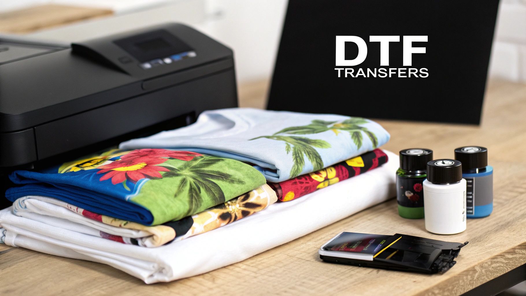 DTF transfers workspace setup with printed t-shirts, heat press, inks, and transfer supplies