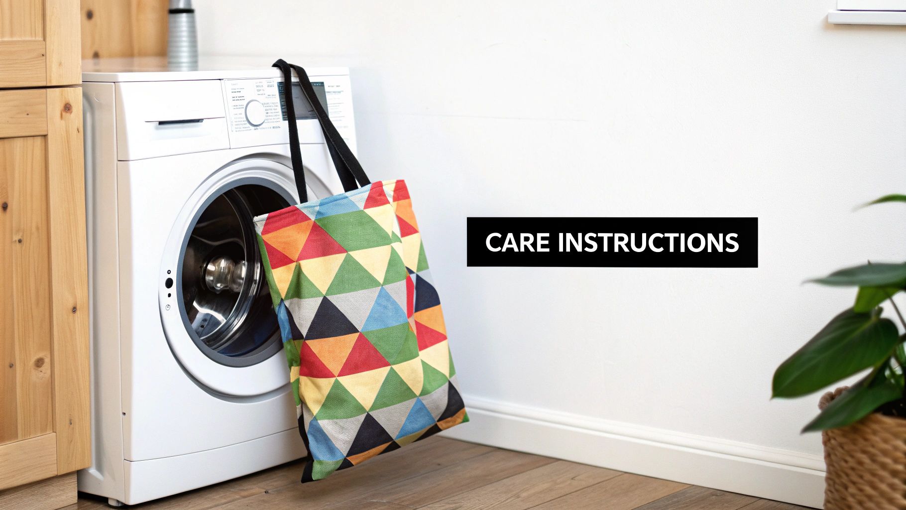 A colorful geometric patterned tote bag hangs on a white washing machine, with 'CARE INSTRUCTIONS' text.