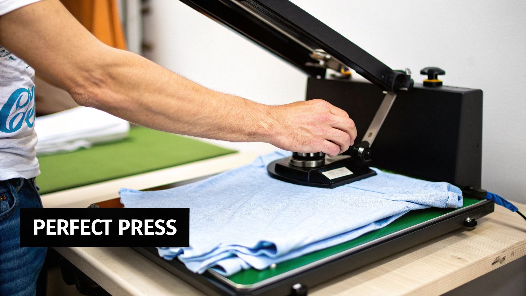 Close-up of a heat press machine pressing a DTF transfer onto a black t-shirt.