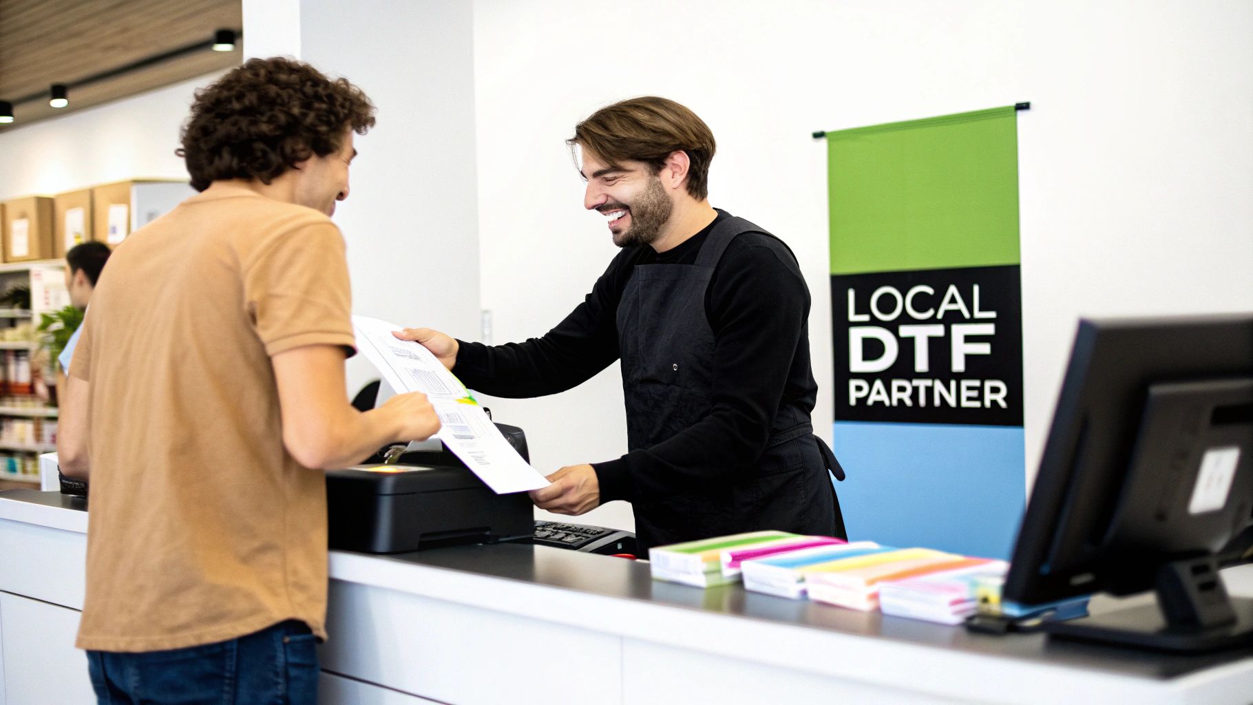 Customer receiving printed documents from staff member at local DTF printing partner service desk