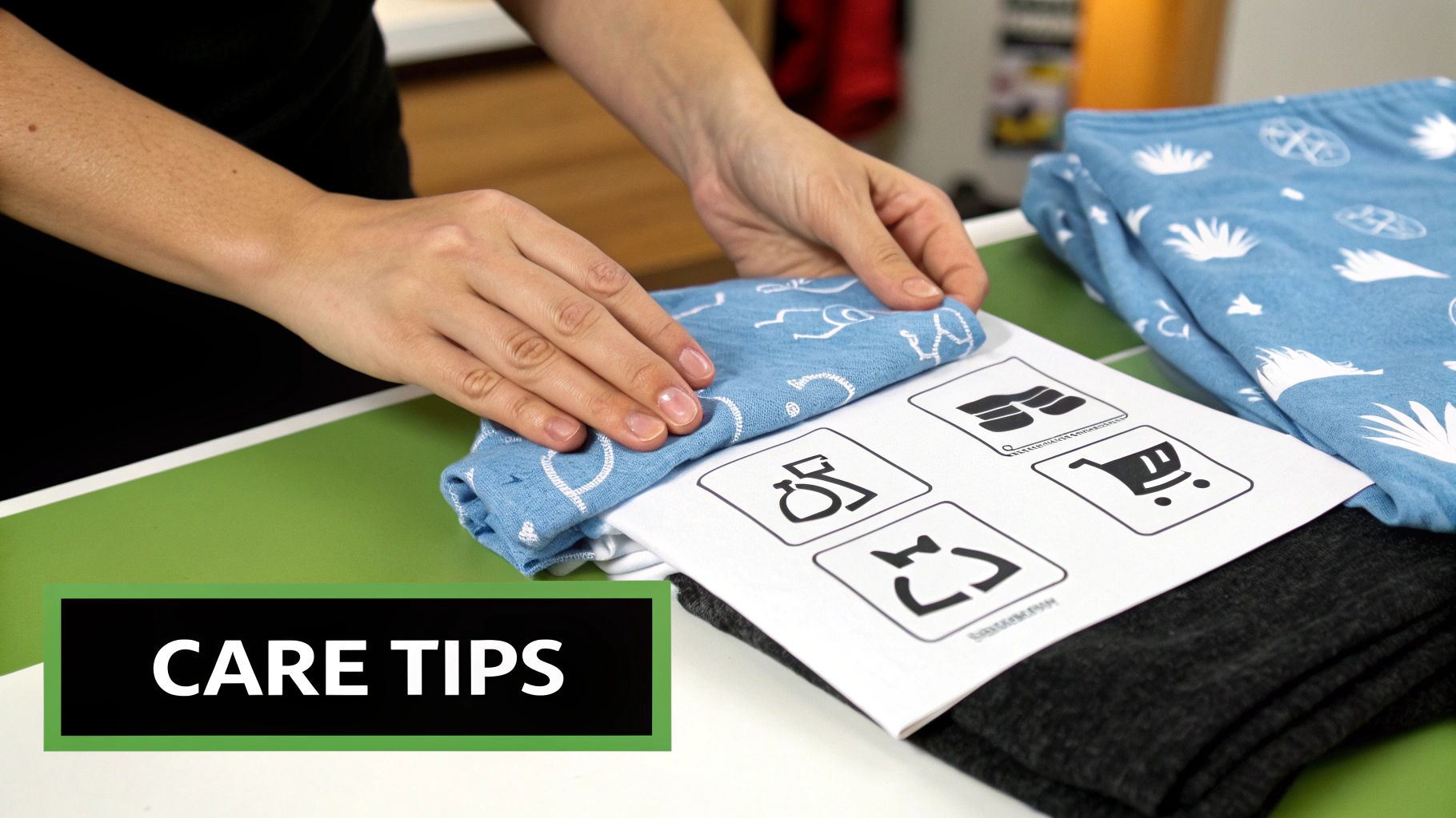 Person folding blue patterned fabric while reading garment care instruction label on table