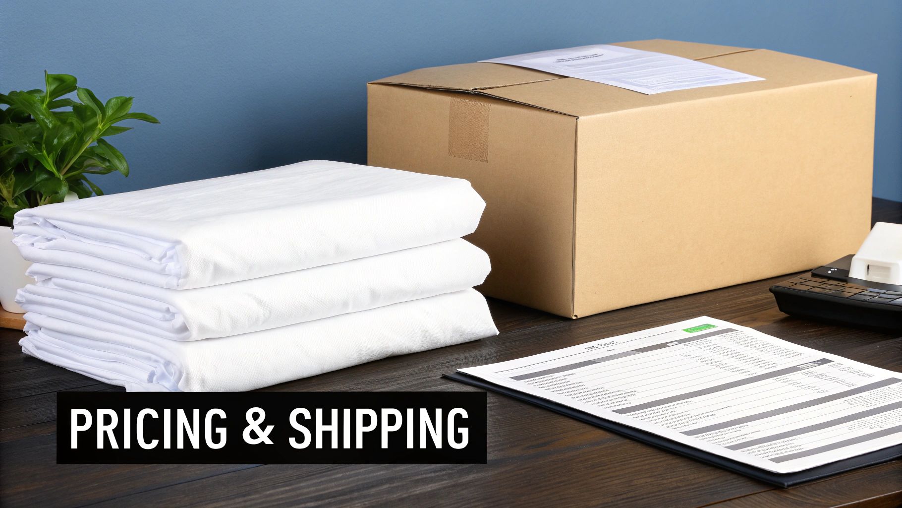 A neatly packaged roll of DTF transfers ready for shipping, sitting on a wooden table with UK postage labels nearby.