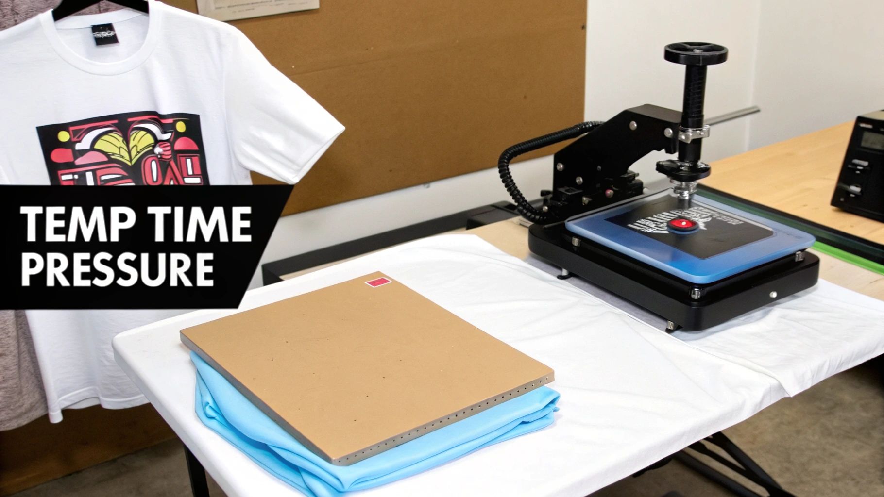 A white graphic t-shirt hangs while a heat press machine processes items for sublimation printing.