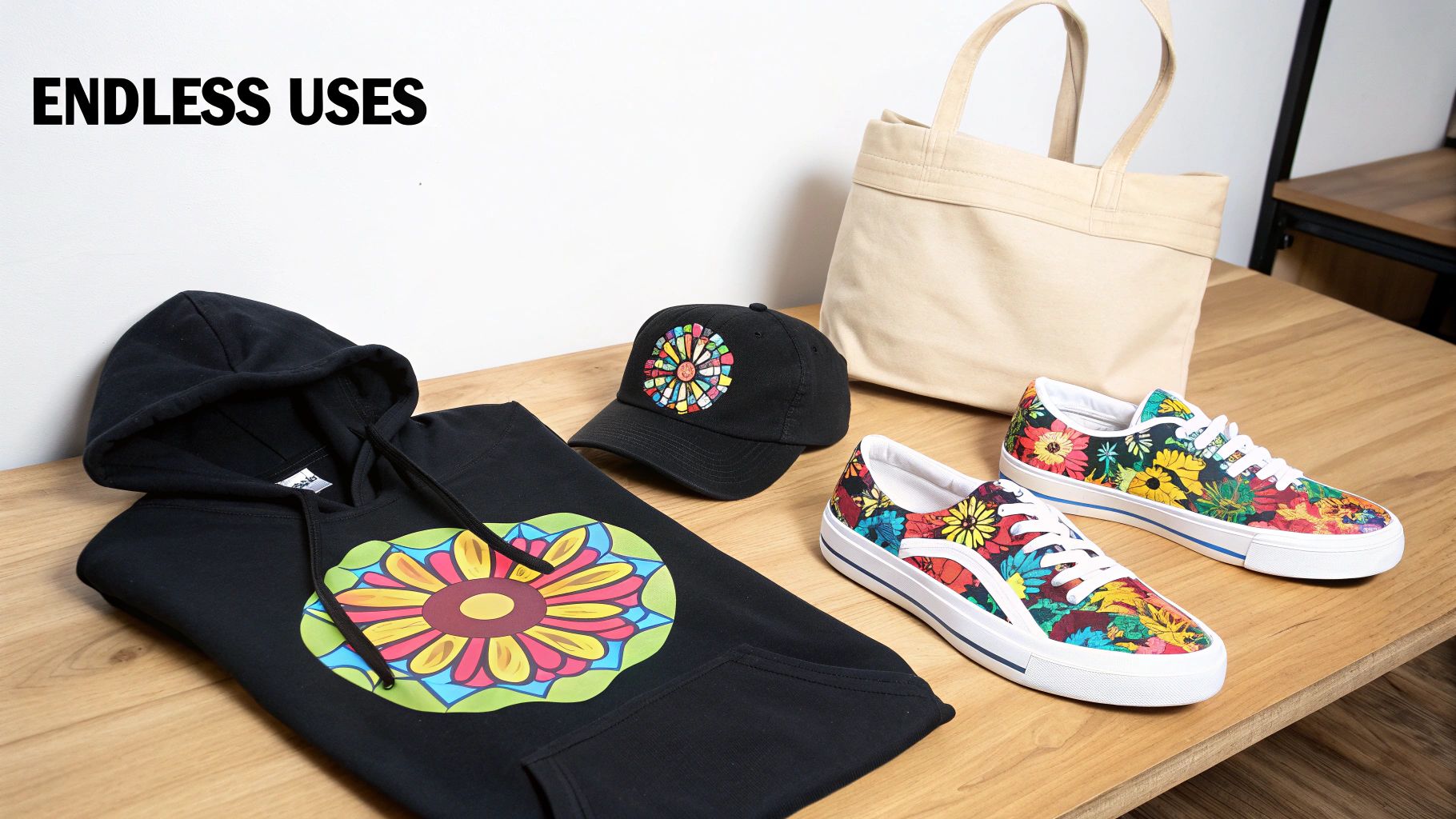 A person using a heat press to apply a DTF print onto a black t-shirt.