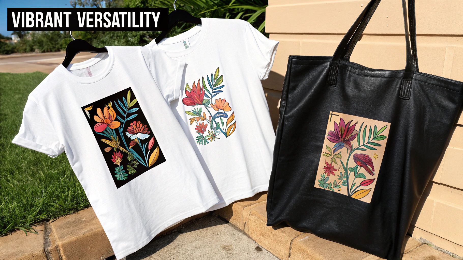 A person wearing a custom t-shirt with a vibrant DTF design