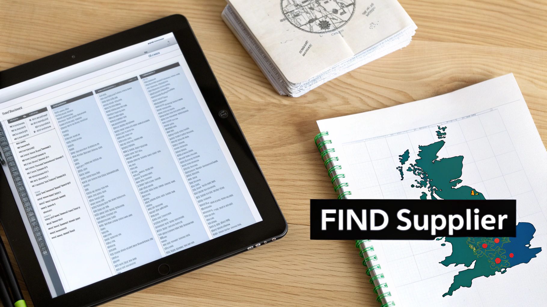 A tablet displays data, alongside a notebook with a UK map highlighting supplier locations and a 'FIND Supplier' overlay.