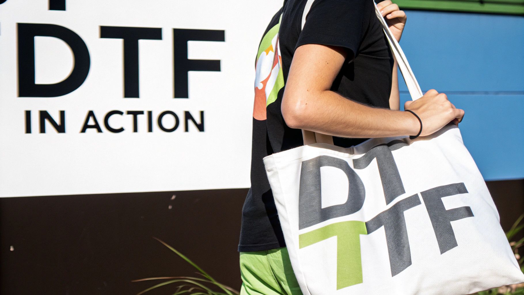 A person carries a white tote bag with the DTF logo, next to a sign that says 'DTF IN ACTION'.