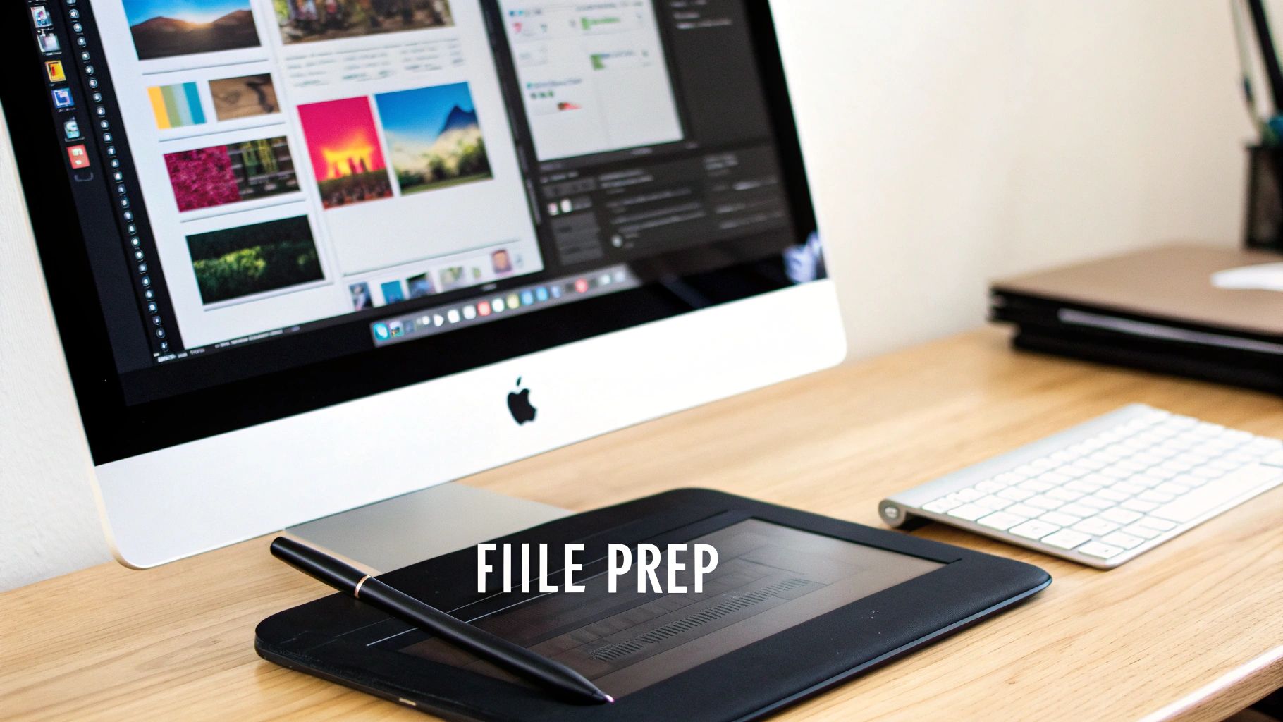 Professional workspace with iMac computer, drawing tablet, and keyboard for digital design file preparation