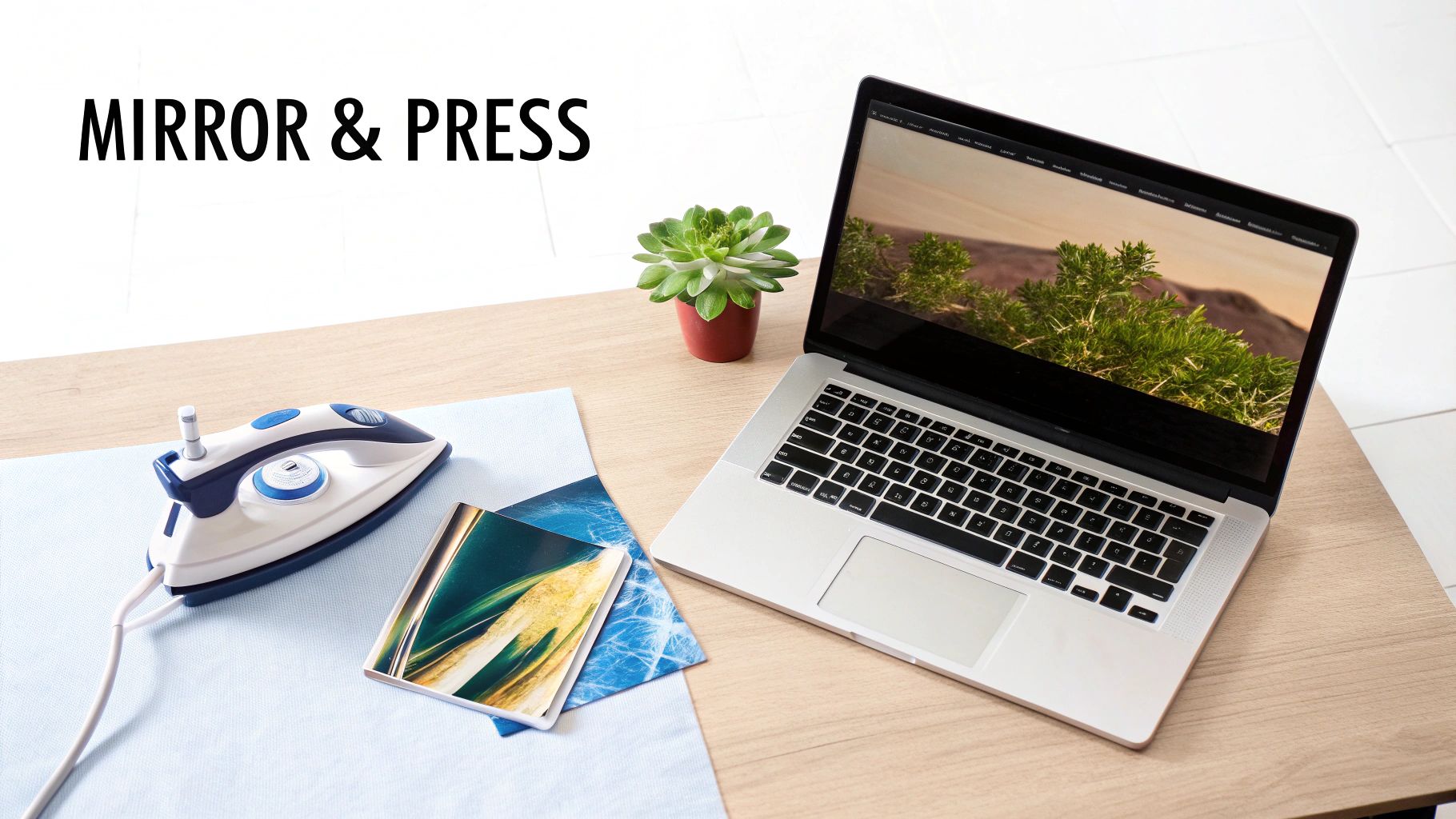 A heat press machine applying a design from textile transfer paper onto a folded t-shirt.