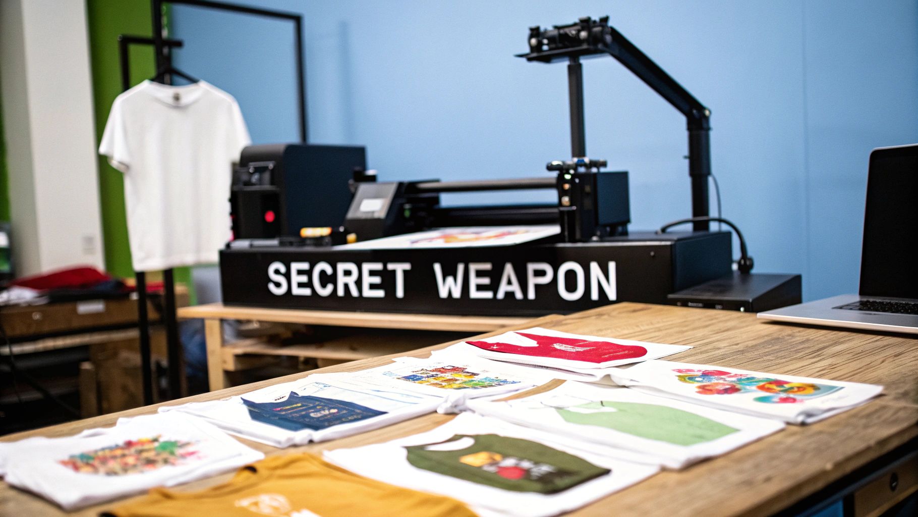 A DTF printer in action, producing a colourful design sheet.