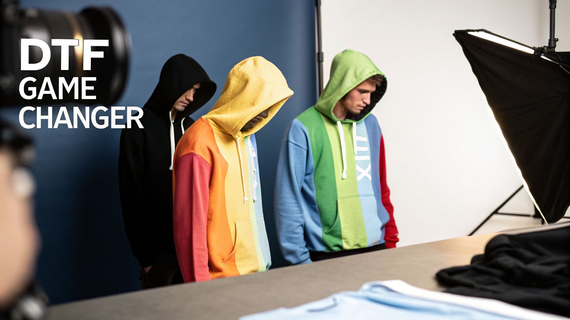 Models in a studio wearing custom DTF printed hoodies, showcasing colorful and black apparel.