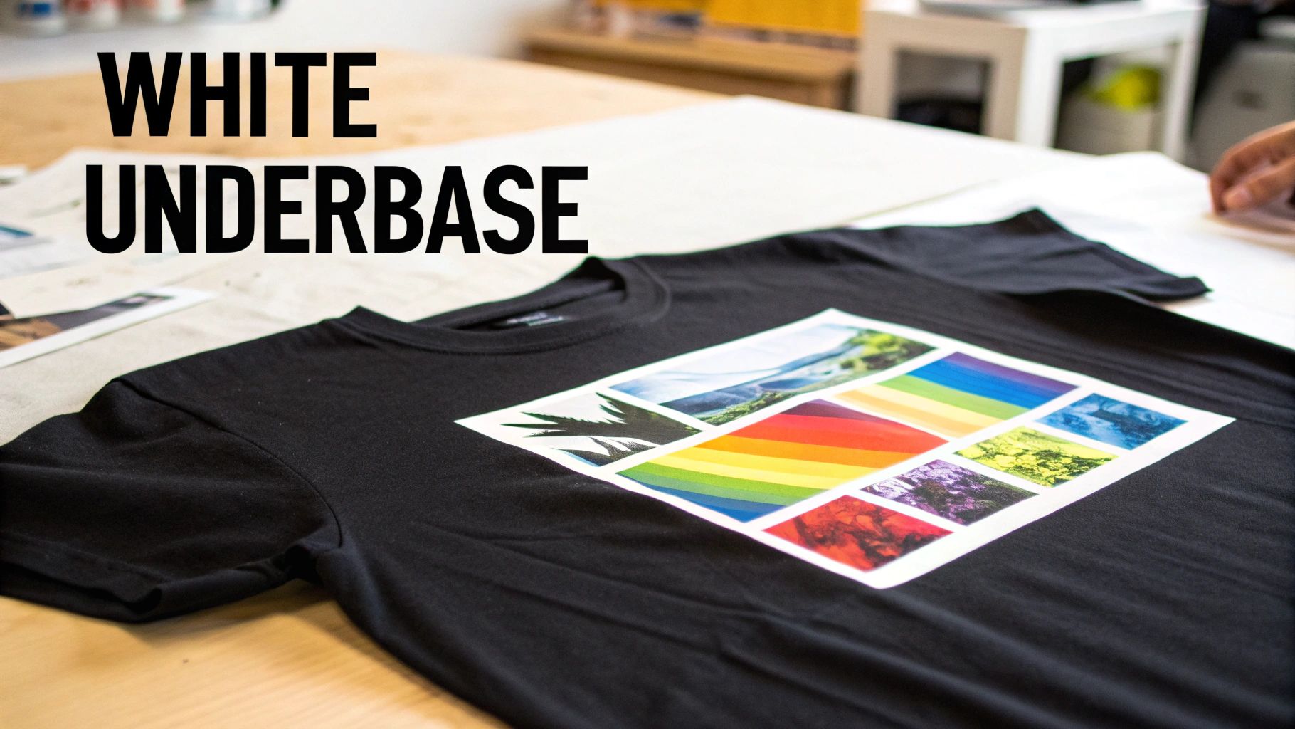 Black t-shirt with colorful photo collage design demonstrating white underbase printing technique on fabric