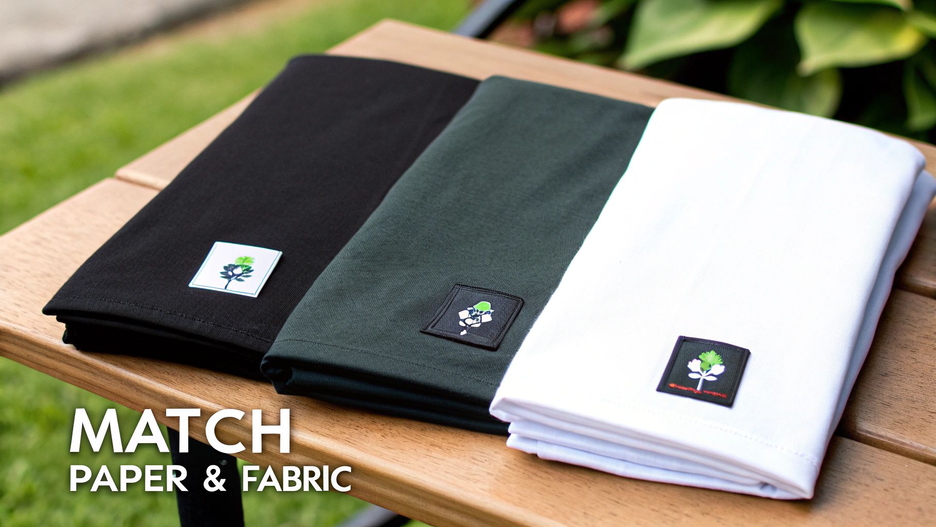 Three folded black, dark green, and white shirts with unique tree logo labels on a wooden table.