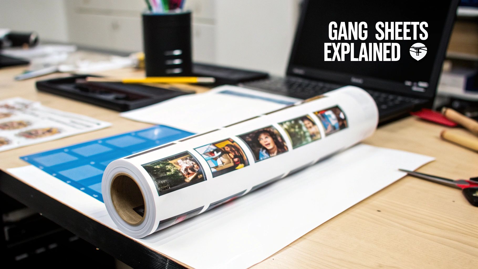 Multiple DTF designs arranged on a single gang sheet before printing