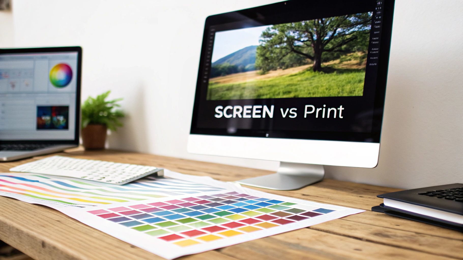 Computer monitor displaying screen versus print comparison with color swatches on desk for design work