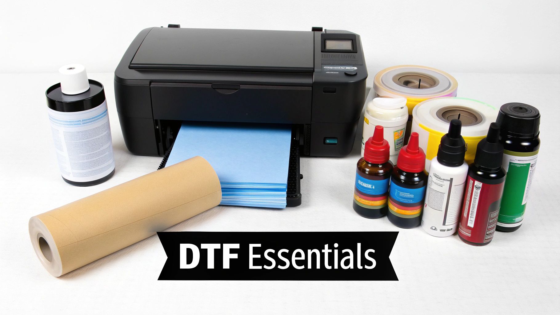 DTF printing machine with film and ink bottles nearby.