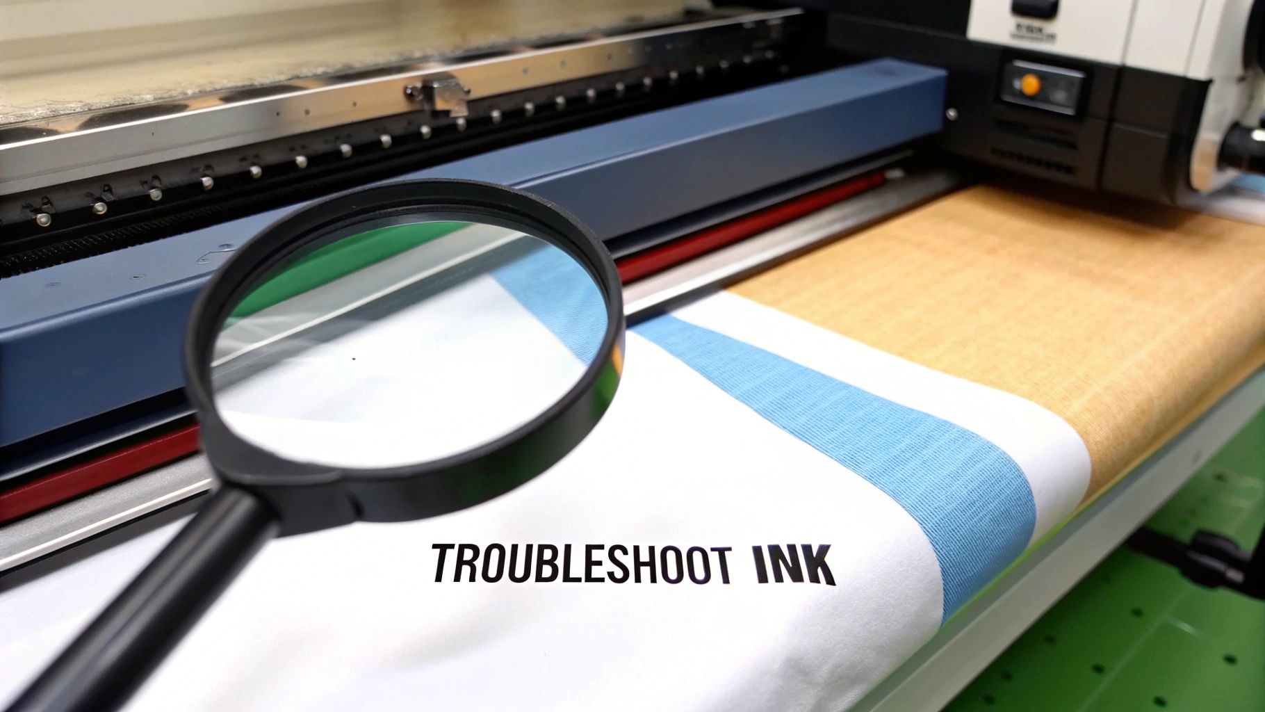 A magnifying glass on a large format printer, examining text 'TROUBLESHOOT INK' for print quality issues.
