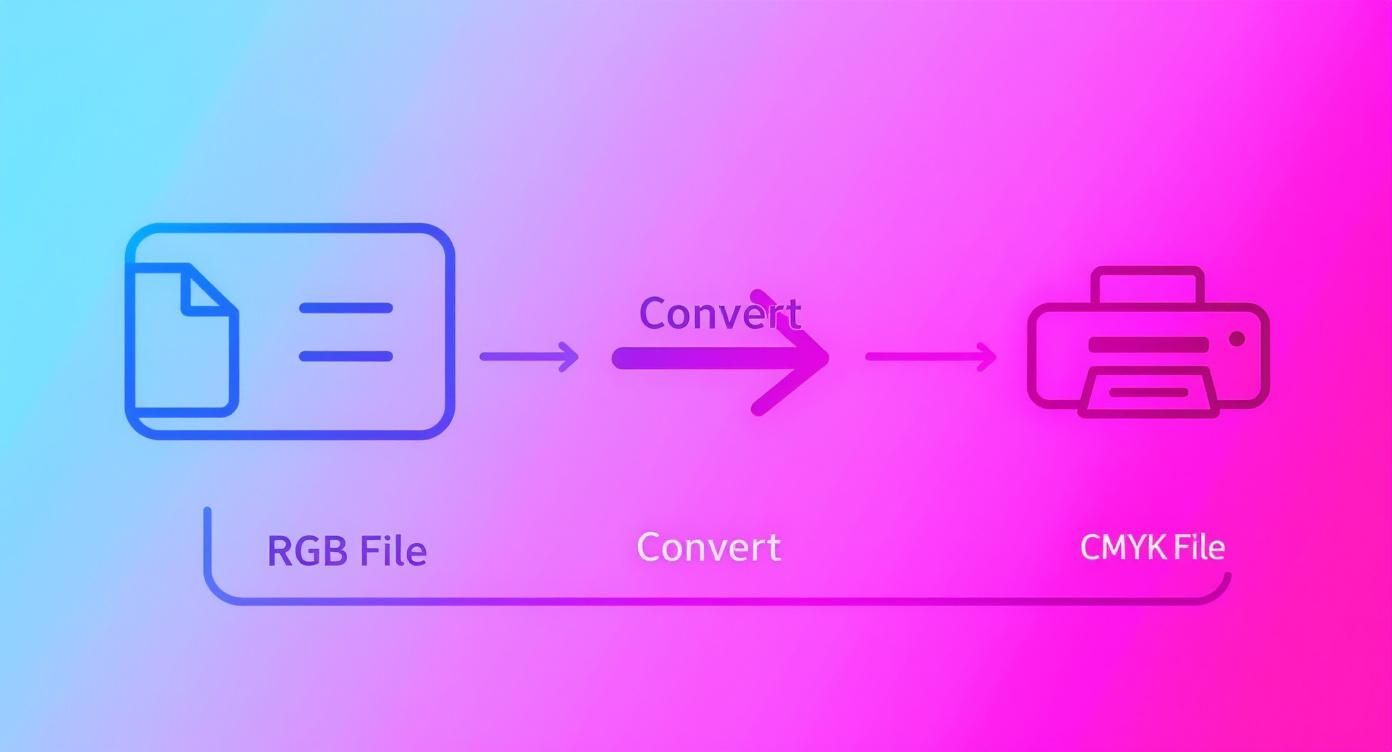 Visual diagram showing RGB file conversion process to CMYK file format for printing purposes