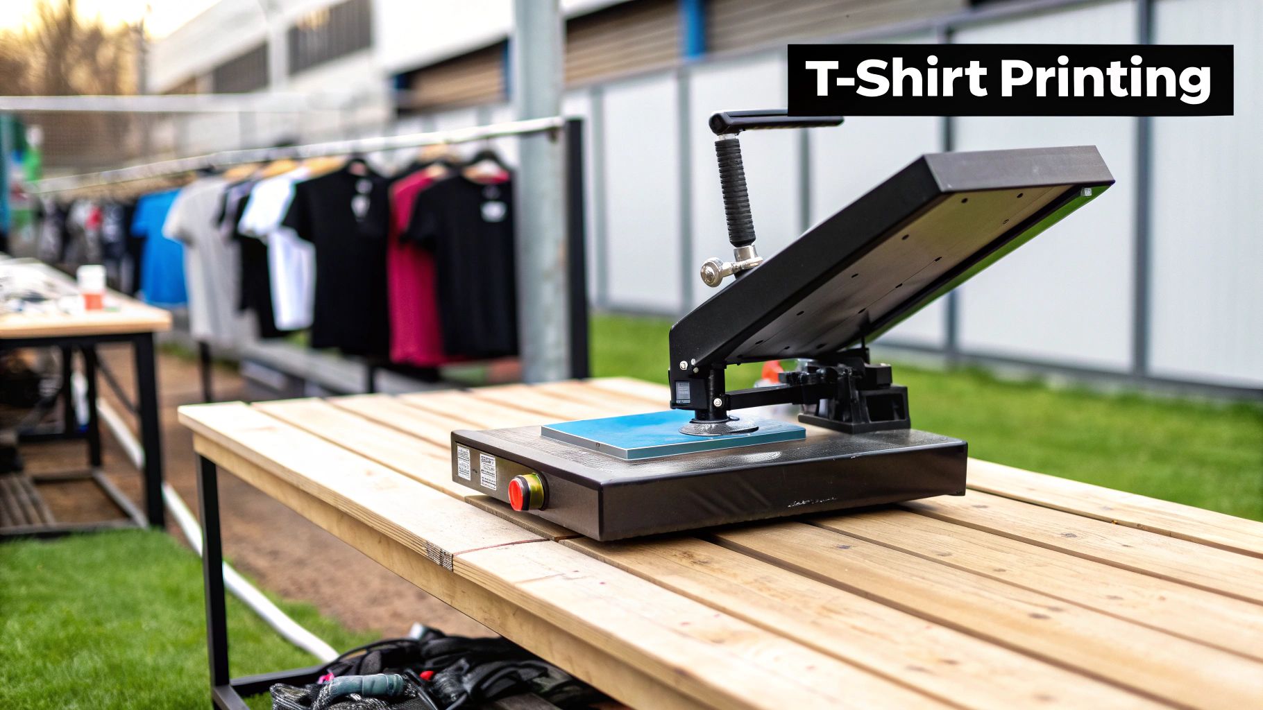 A heat press machine in a modern workshop, ready for printing T-shirts