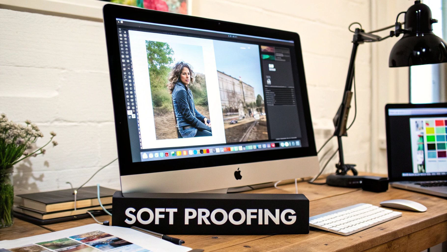 Professional photographer editing images on iMac computer in modern workspace for soft proofing
