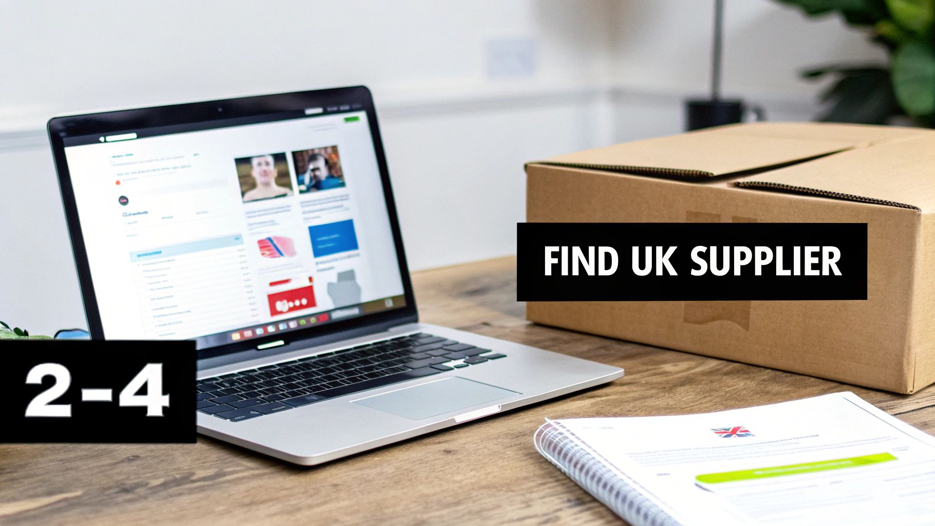 A laptop on a wooden desk next to a shipping box, with 'FIND UK SUPPLIER' and '2-4' text.