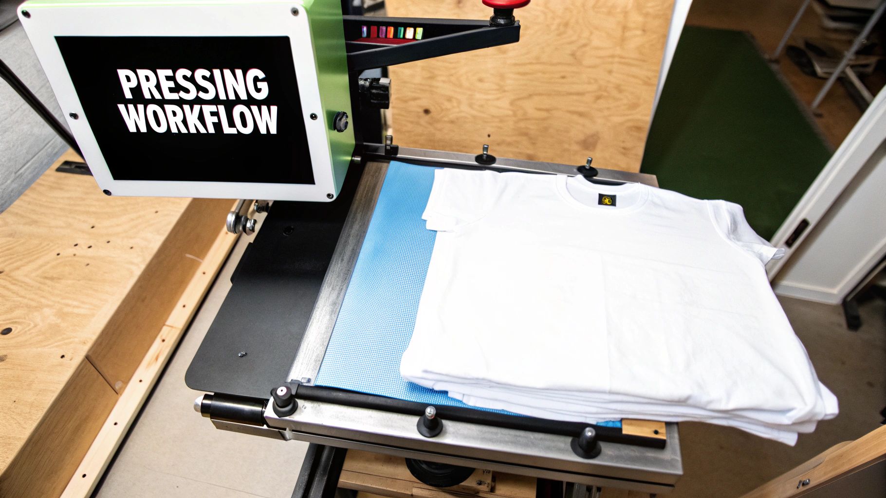 A person carefully placing a sublimation transfer paper onto a white t-shirt on a heat press machine.