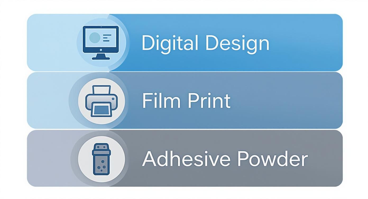 Three steps of DTF transfer process: digital design, film printing, and adhesive powder application.