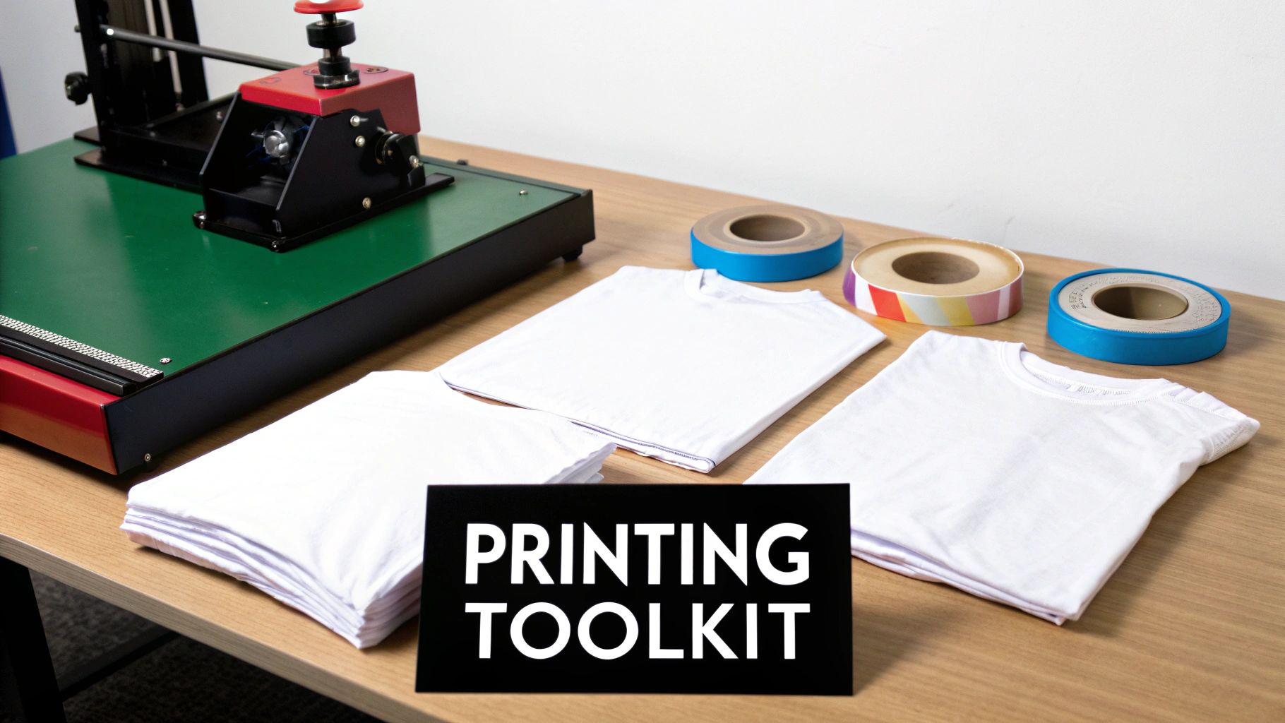 A heat press machine open and ready, with a blank t-shirt and various printing tools arranged neatly beside it.