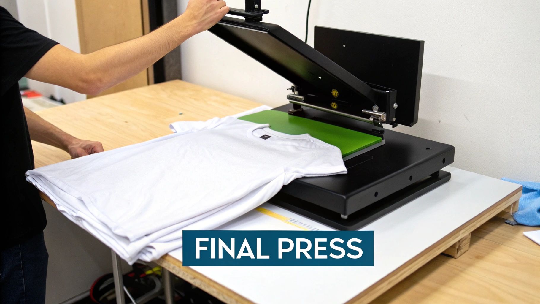 A heat press machine pressing a vibrant DTF transfer onto a black T-shirt.